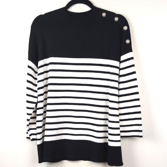 Talbot's Mock Neck Striped Black and White Pearl Button-Shoulder Sweater Size XL - Picture 1 of 10